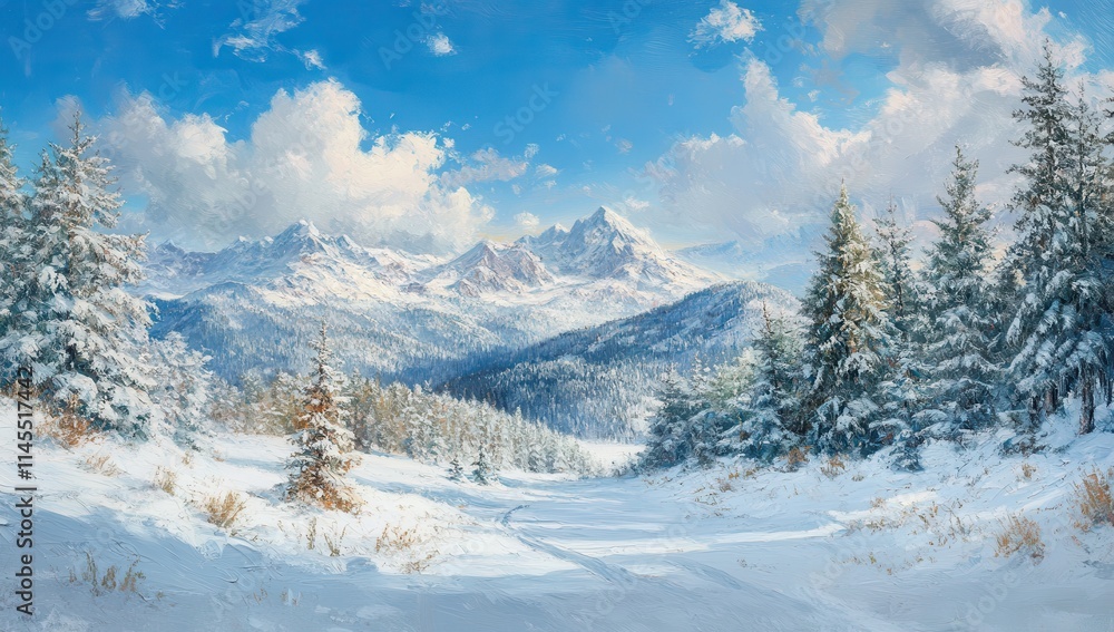 Serene Winter Landscape with Snow-Covered Mountains and Evergreen Trees Under a Clear Blue Sky, Creating a Peaceful and Tranquil Atmosphere in Nature Serene Winter Landscape with Snow-Covered Mountains and Evergreen Trees Under a Clear Blue Sky, Creating a Peaceful and Tranquil Atmosphere in Nature
