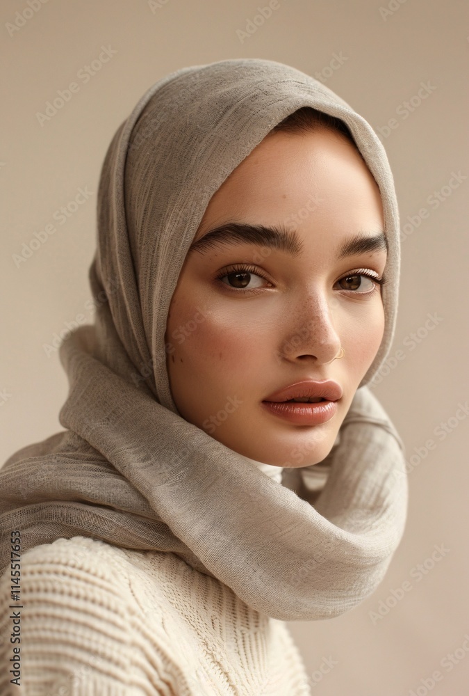 A headshot of fashion photoshot of beautiful woman model wearing gray hijab A headshot of fashion photoshot of beautiful woman model wearing gray hijab