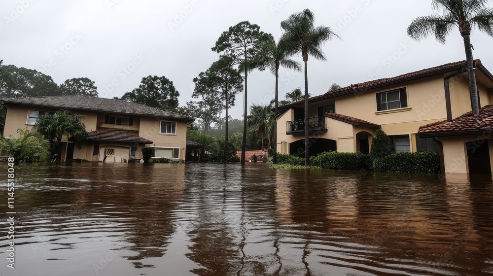 A coastal village experiencing severe flooding, with homes partially submerged and residents wading through water to salvage belongings. A coastal village experiencing severe flooding, with homes partially submerged and residents wading through water to salvage belongings.