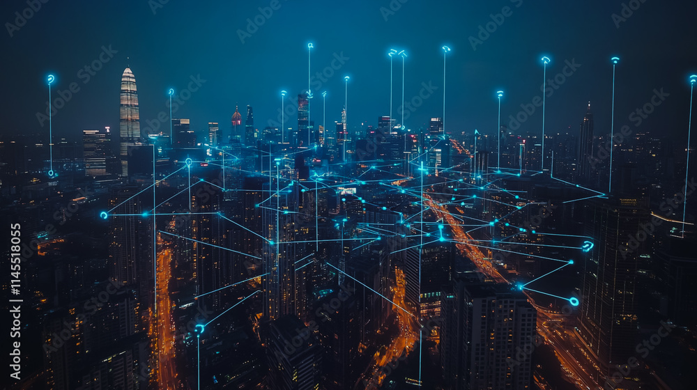 Fototapeta premium Smart digital Innovation city with connection network reciprocity over the cityscape. of future smart wireless city and social media networking systems that connects business people with in city