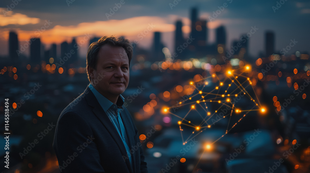Fototapeta premium Smart digital Innovation city with connection network reciprocity over the cityscape. of future smart wireless city and social media networking systems that connects business people with in city