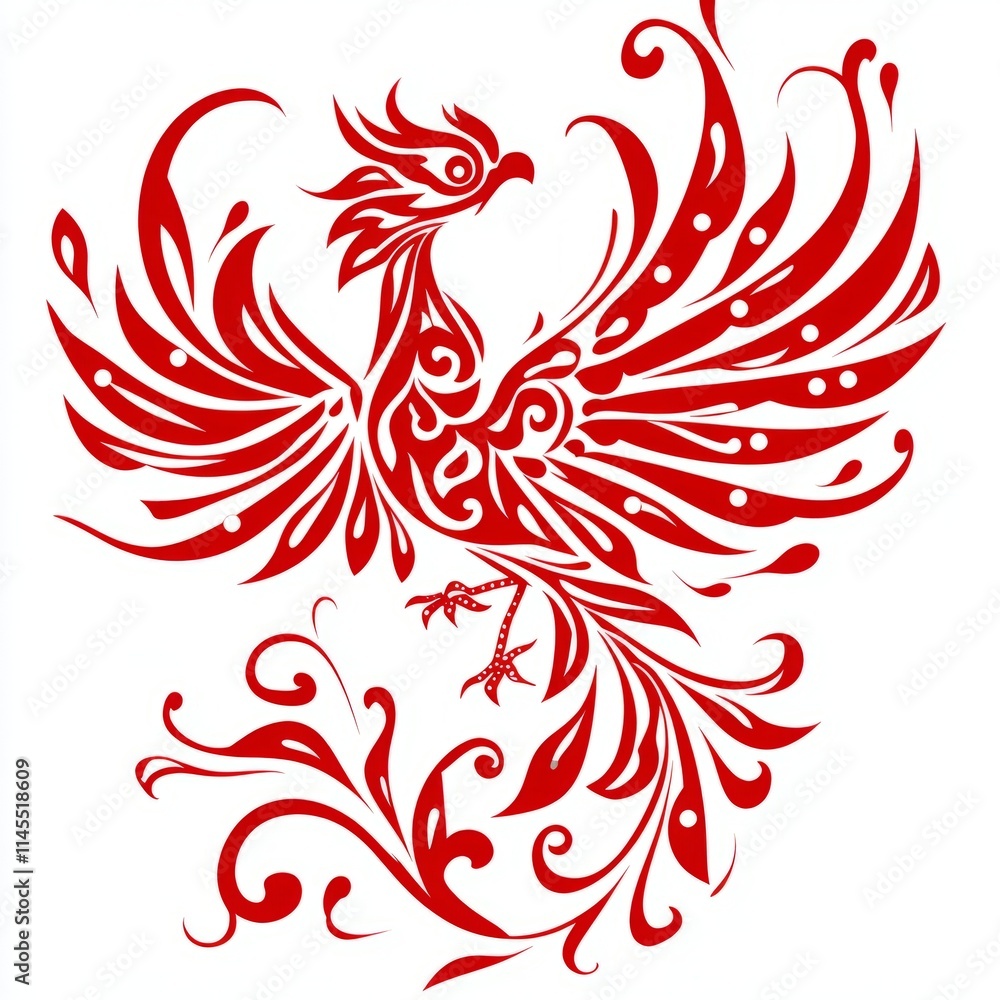 Red Phoenix Bird Ornamental Design, Mythical Creature Art Red Phoenix Bird Ornamental Design, Mythical Creature Art
