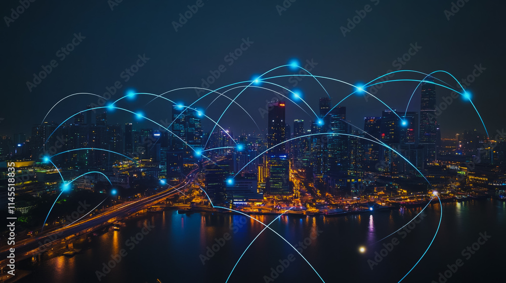 Smart digital Innovation city with connection network reciprocity over the cityscape. of future smart wireless city and social media networking systems that connects business people with in city Smart digital Innovation city with connection network reciprocity over the cityscape. of future smart wireless city and social media networking systems that connects business people with in city