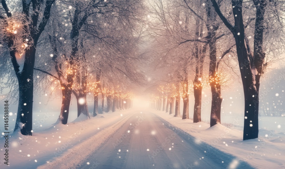 Serene Winter Wonderland with Snowy Trees and Soft Glow of Lights on a Tranquil Road, Perfect for Capturing the Essence of the Holiday Season Serene Winter Wonderland with Snowy Trees and Soft Glow of Lights on a Tranquil Road, Perfect for Capturing the Essence of the Holiday Season