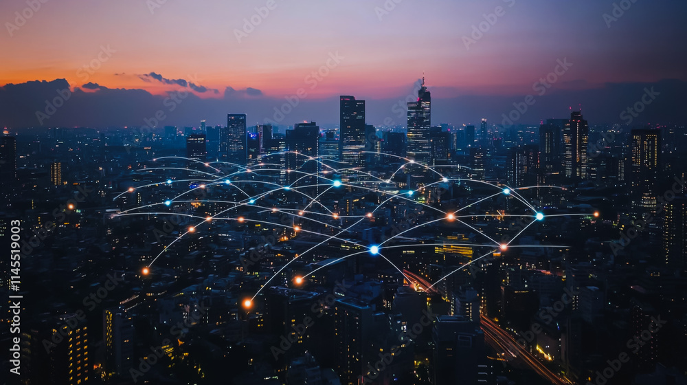 Fototapeta premium Smart digital Innovation city with connection network reciprocity over the cityscape. of future smart wireless city and social media networking systems that connects business people with in city