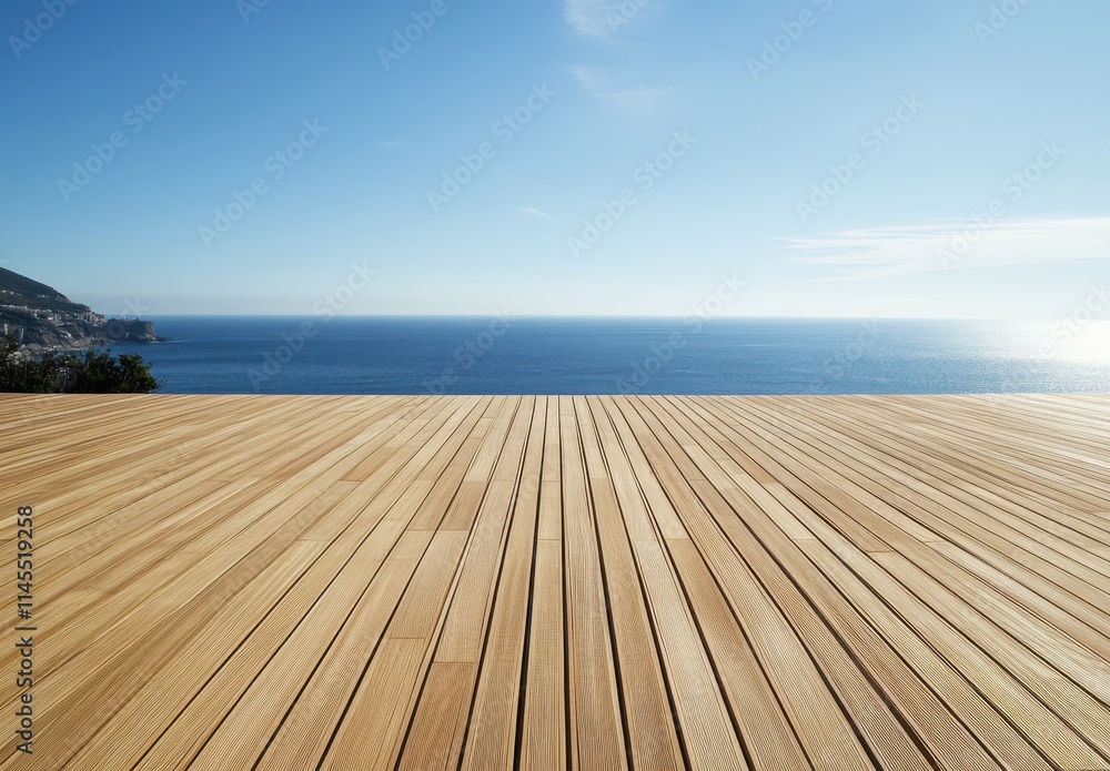 Serene Wooden Deck Overlooking Crystal-Clear Ocean Under Bright Sky in a Coastal Landscape Perfect for Calm and Relaxing Mood Serene Wooden Deck Overlooking Crystal-Clear Ocean Under Bright Sky in a Coastal Landscape Perfect for Calm and Relaxing Mood