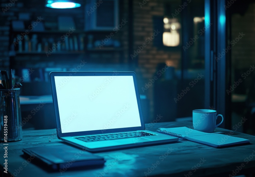 Serene Workspace at Night with Open Laptop, Notebook, Coffee Cup, and Soft Blue Light Illuminating Cozy Room for Productive Evening Work Sessions Serene Workspace at Night with Open Laptop, Notebook, Coffee Cup, and Soft Blue Light Illuminating Cozy Room for Productive Evening Work Sessions