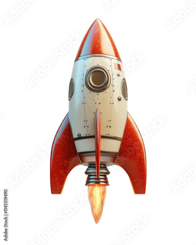 vibrant red cartoon style rocket ship with sleek design and flames