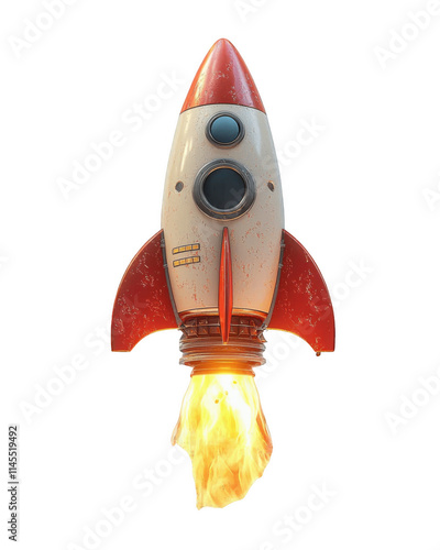vibrant red cartoon style rocket ship with flames, ready for launch