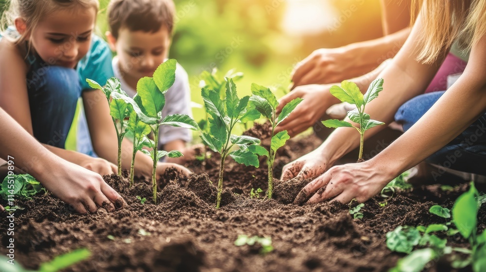 A family planting trees in a deforested area, their hands covered in soil and faces filled with hope. The saplings stand as a symbol of restoration and resilience. A family planting trees in a deforested area, their hands covered in soil and faces filled with hope. The saplings stand as a symbol of restoration and resilience.