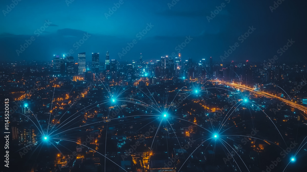 Smart digital Innovation city with connection network reciprocity over the cityscape. of future smart wireless city and social media networking systems that connects business people with in city Smart digital Innovation city with connection network reciprocity over the cityscape. of future smart wireless city and social media networking systems that connects business people with in city