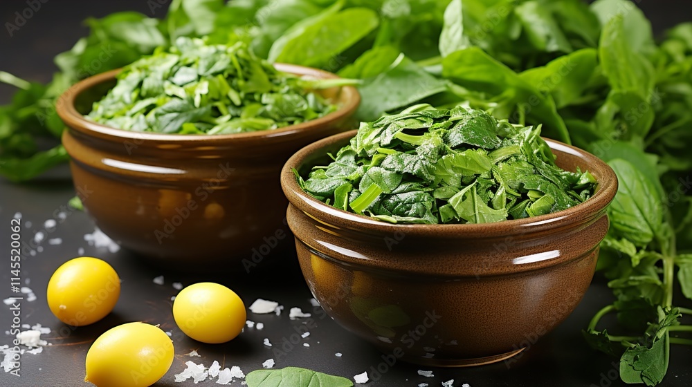 Two ceramic bowls with spinach cream soup with green pea Two ceramic bowls with spinach cream soup with green pea