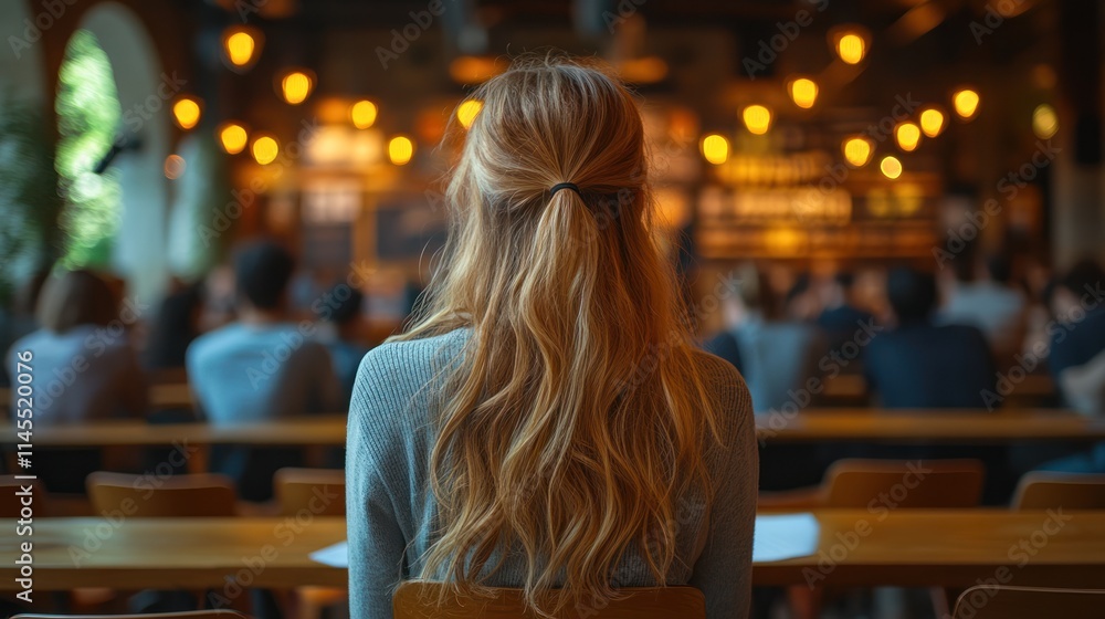 Person sitting in a café, facing a crowd. Person sitting in a café, facing a crowd.