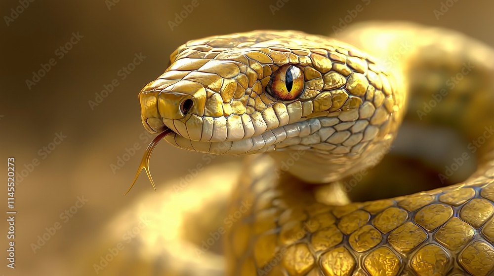 A close-up of a golden snake with intricate scales and striking eyes, showcasing its tongue flicking out in a natural setting. A close-up of a golden snake with intricate scales and striking eyes, showcasing its tongue flicking out in a natural setting.