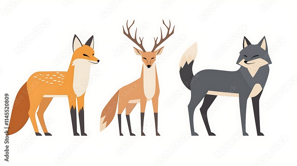 Fototapeta premium Three cartoon animals, a fox, a deer, and a wolf