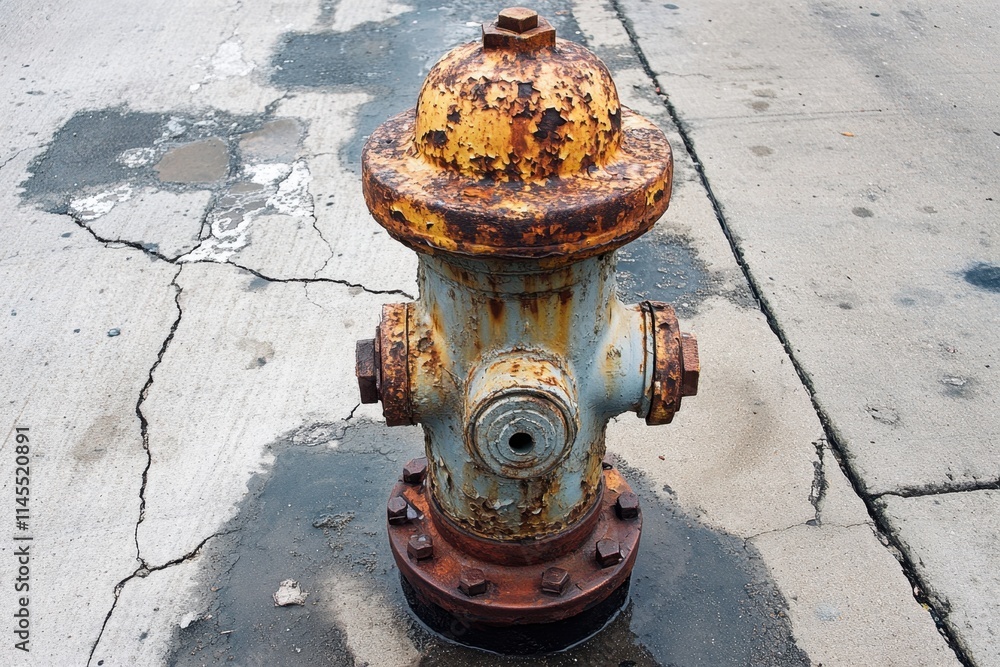 Decaying rust-covered fire hydrant on cracked pavement urban setting photography weathered environment close-up view concept of urban decay and rust Decaying rust-covered fire hydrant on cracked pavement urban setting photography weathered environment close-up view concept of urban decay and rust