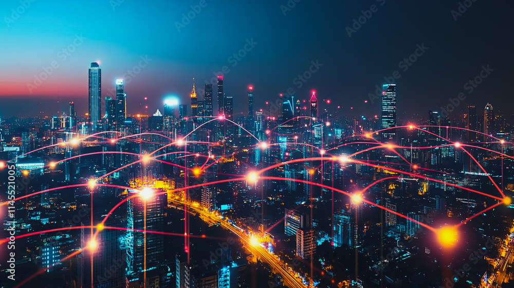 Obraz premium Smart digital Innovation city with connection network reciprocity over the cityscape. of future smart wireless city and social media networking systems that connects business people with in city