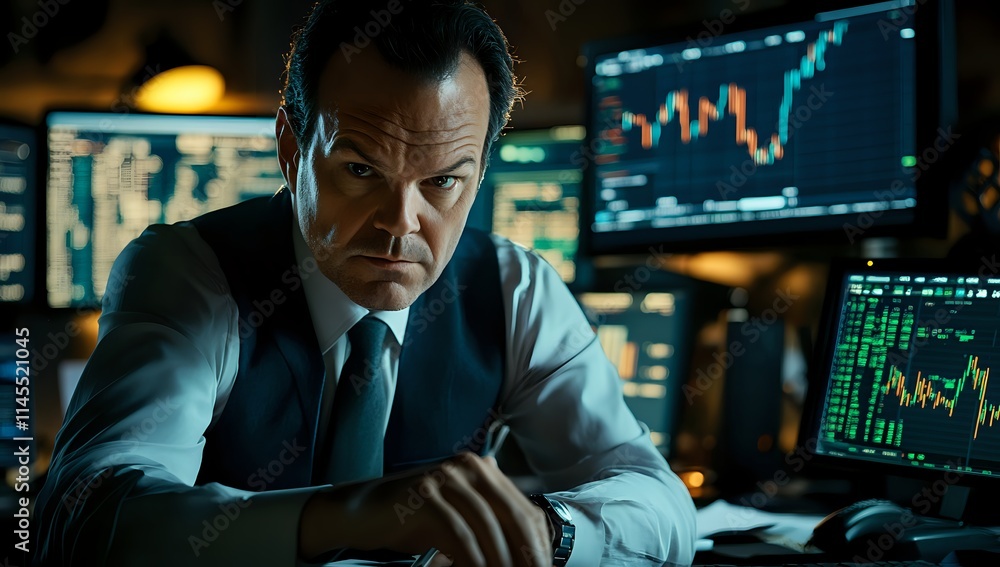 Trader Analyzes Stock Market Data on Multiple Screens at Night, Intense Focus on Financial Charts and Numbers. Trader Analyzes Stock Market Data on Multiple Screens at Night, Intense Focus on Financial Charts and Numbers.