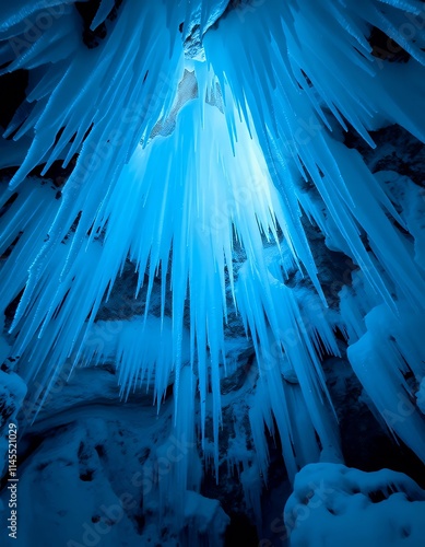 s in a cave with ice hanging from the ceiling. photo