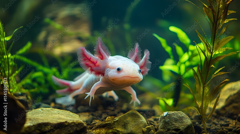Obraz premium A White Axolotl Swims In An Aquatic Habitat