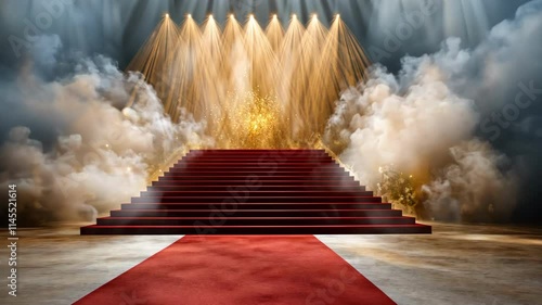 The dazzling red carpet at the Bollywood stage leads up the maroon steps underneath the spotlights, creating a regal backdrop for the Golden Awards ceremony.
