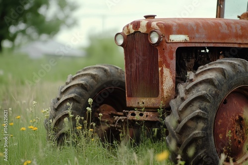 Abandoned old rusted tractor in a field nature scene photography capture overgrown grass close-up perspective vintage machinery concept with rustic charm