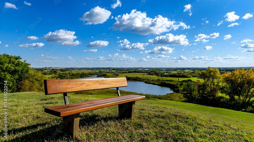 Scenic View of a Wooden Bench Overlooking a Serene Landscape Scenic View of a Wooden Bench Overlooking a Serene Landscape