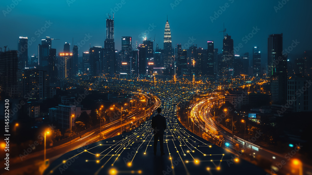Fototapeta premium Smart digital city with connection cyber security network reciprocity over the cityscape . future smart wireless digital city and social media networking systems that connects people within the city