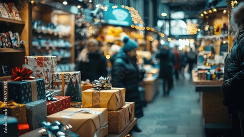 A bustling holiday gift shop with neatly arranged presents and festive wrapping paper