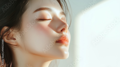 若くてかわいいアジア人女性モデルの横顔に日差しが当たって輝いている。美肌にフォーカスした美容ポートレート。