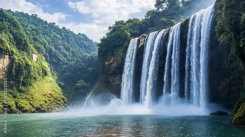 Fototapeta premium Majestic Cascading Waterfall in Serene Mountain Landscape