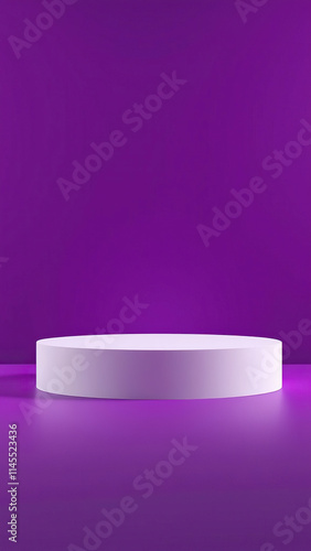 Small white round podium sitting on a purple background,  design element,  minimalist podium