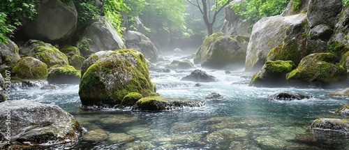 Rocky riverbank with fast-moving water and moss-covered stones, rocky terrain, rocks, wild flowage, water