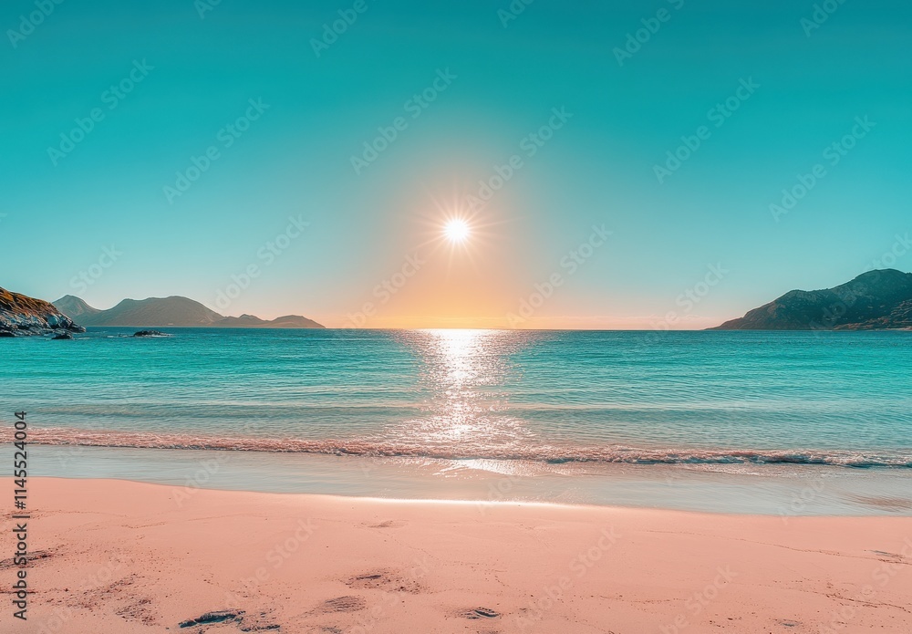 Fototapeta premium Tranquil Beach Sunset with Vibrant Colors and Serene Waters Reflecting the Bright Sunlight Over a Calm Horizon in a Tropical Paradise