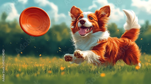 Playful vector illustration of a dog playing with a frisbee ideal for pet and outdoor activity themes photo