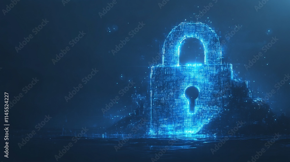 Glowing digital padlock hologram in a futuristic environment abstract technology concept Glowing digital padlock hologram in a futuristic environment abstract technology concept