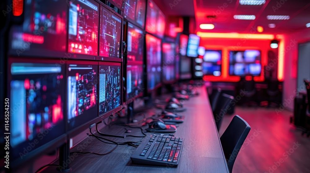 High-tech control room with multiple monitors. High-tech control room with multiple monitors.