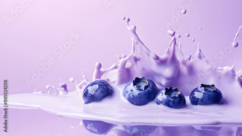 Fruit, blueberries, milk, yogurt, realistic berry splash milk or yogurt splash cream with fresh blueberries and raspberries photo