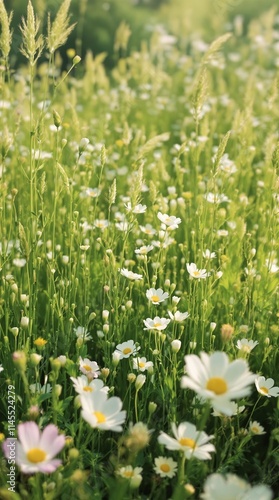 Soft focus shot of a serene landscape featuring a field of tall grasses with delicate white cosmos flowers, beautiful cosmos flowers, countryside scenery, natural beauty, soft focus