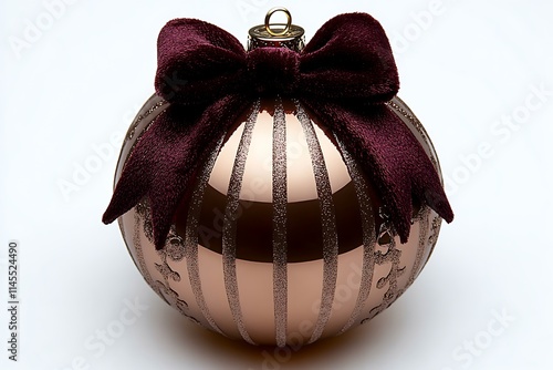 A festive golden Christmas bell tied with a red velvet bow and featuring fine details, isolated on a bright white background to highlight its luxurious finish  photo