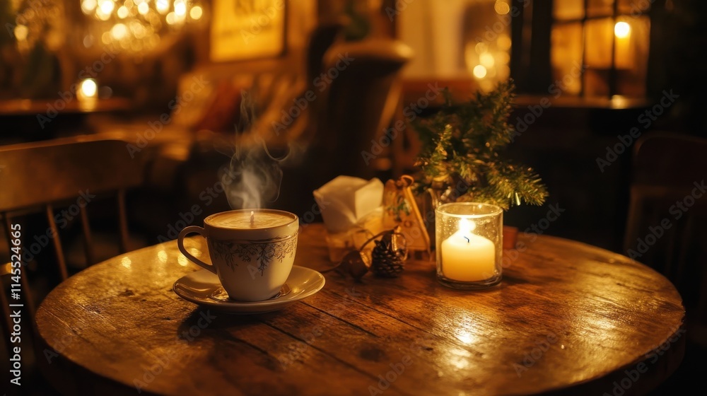 A cozy cafe table with a steaming cup of cocoa and a glowing holiday candle centerpiece A cozy cafe table with a steaming cup of cocoa and a glowing holiday candle centerpiece