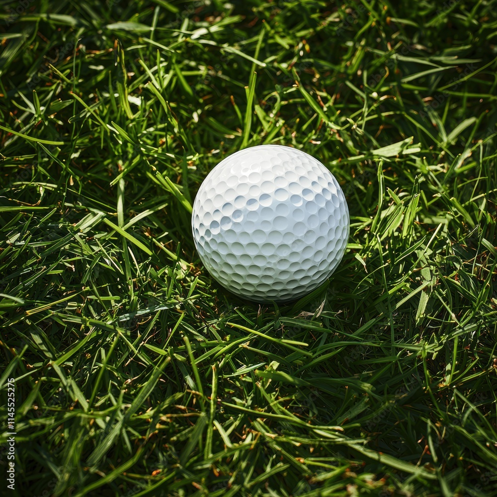 Golf ball on grass overhead view minimalist sports scene Golf ball on grass overhead view minimalist sports scene