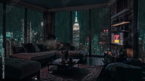 living room in the hotel glass city view rainfall ambiance