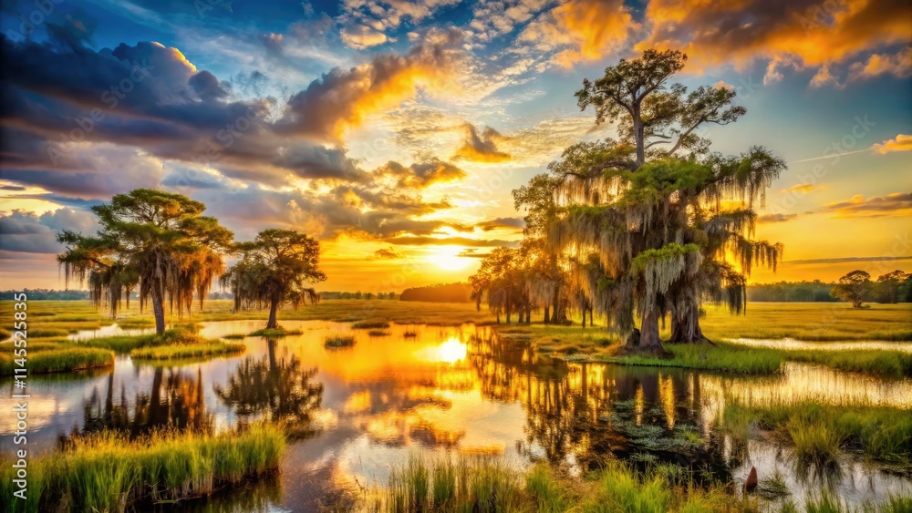 Golden sunset bathes moss-draped cypress trees in a Southern US marsh, a tranquil landscape. Golden sunset bathes moss-draped cypress trees in a Southern US marsh, a tranquil landscape.