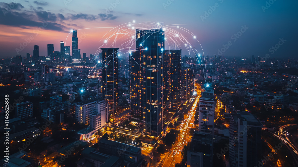 Smart digital city with connection cyber security network reciprocity over the cityscape . future smart wireless digital city and social media networking systems that connects people within the city Smart digital city with connection cyber security network reciprocity over the cityscape . future smart wireless digital city and social media networking systems that connects people within the city