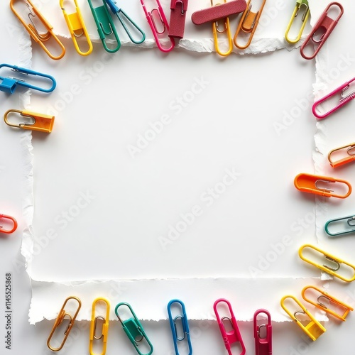 Colorful paper clips and torned paper frame in the centre of composition isolated on white frame isolated frame border design background isolated photo