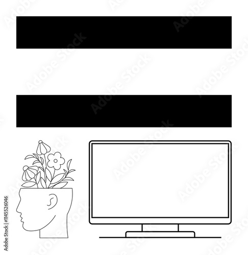 Head with flowers representing creativity beside a computer monitor. Ideal for education, creativity, innovation, mental health, technology, self-growth, and wellness themes. Line metaphor