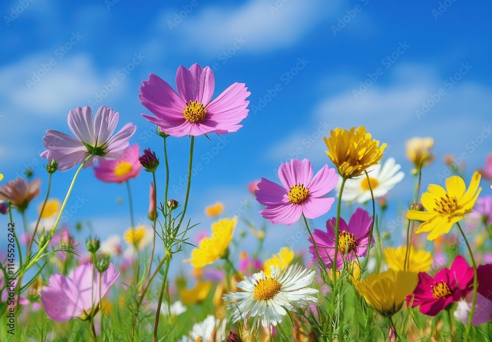 Vibrant Field of Colorful Flowers Under a Clear Blue Sky with Fluffy White Clouds Showcasing the Beauty of Nature in a Summer Landscape