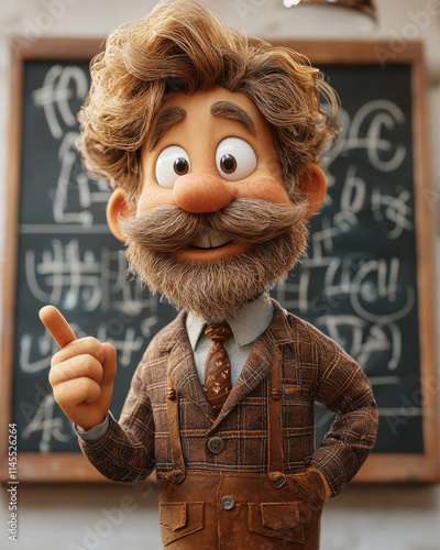 cartoon style teacher character with friendly expression, pointing