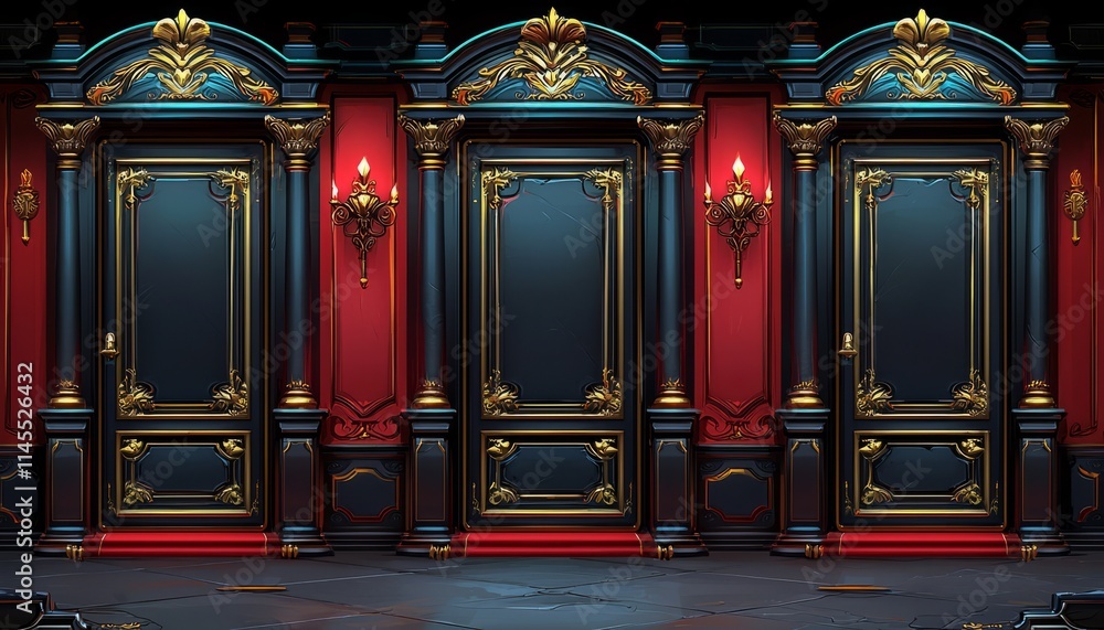 Elegant Triple Doorway With Ornate Gold And Dark Wood Accents Elegant Triple Doorway With Ornate Gold And Dark Wood Accents